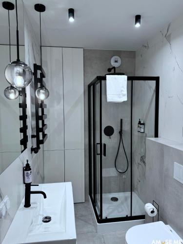 a bathroom with a shower and a sink at AMuSE ME in Kielce