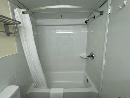a white bathroom with a shower and a toilet at Town Inn in Bordentown