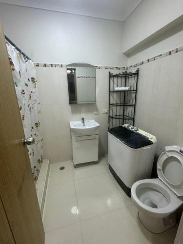 a small bathroom with a toilet and a sink at Las Palmeras by Graziano in Boca Chica