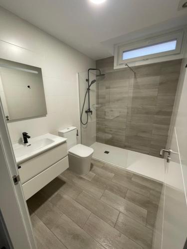 a bathroom with a shower and a toilet and a sink at Camiño da Camposa in Muxia