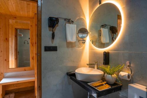 a bathroom with a sink and a mirror on the wall at Olgah Manali in Manāli