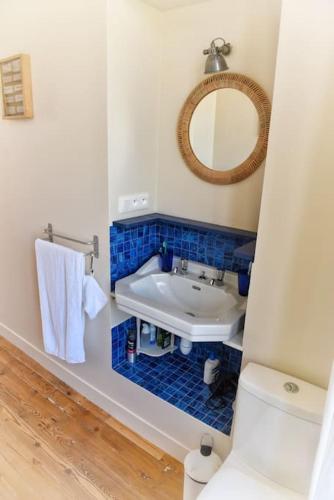 une salle de bain avec un lavabo, des toilettes et un miroir dans l'établissement Élégante maison avec jardin, à Barfleur