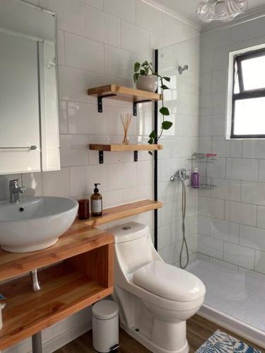 a white bathroom with a sink and a toilet at Casa Serena frente a la playa, vista panorámica, sector Cardonal, Pelluhue in Pelluhue