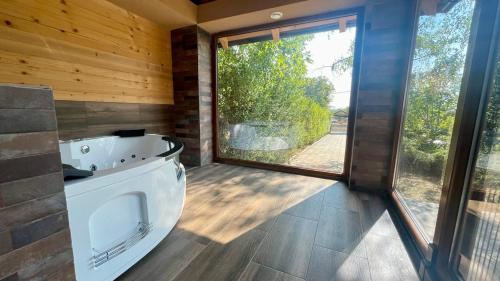 a large bathroom with a tub and large windows at A Bre Da Bre Family Club in Niš