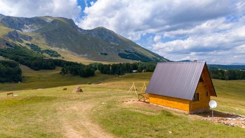 a barn in a field with mountains in the background at The View Smrcevo Brdo in Žabljak