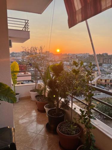 a balcony with a bunch of potted plants and the sunset at Laurent's Durres apartment in Durrës