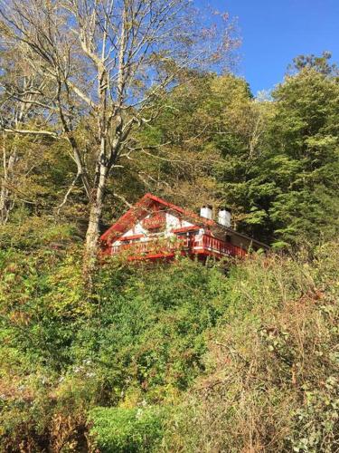 a red train sitting on the side of a hill at Catskill Cabin, Cool Apartment, 2nd Floor in Shandaken