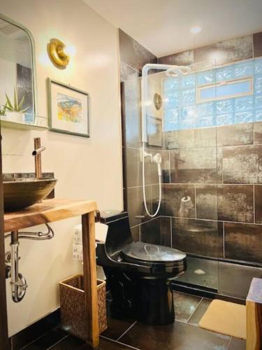 a bathroom with a black toilet and a shower at Catskill Cabin Chill Apartment 1st Fl in Shandaken