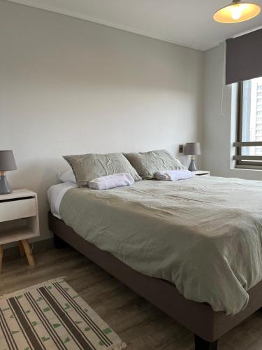 a white bedroom with a large bed with two pillows at Departamento Ejecutivo Concepción in Concepción