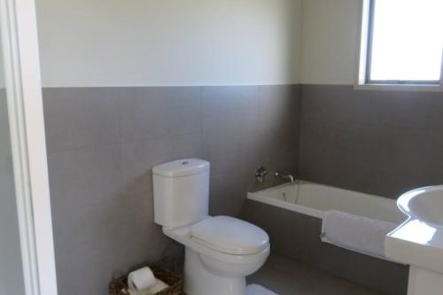 a bathroom with a toilet and a sink and a tub at Cleggs Batch in Karikari Peninsula