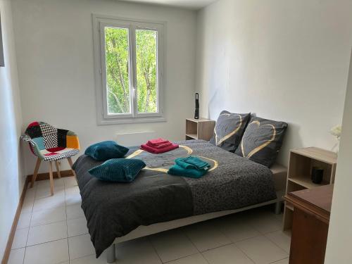 a bedroom with a bed with pillows and a window at La maison du Chef in Le Blanc