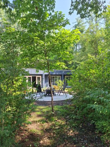a house in the middle of a yard with trees at earthship forest exile in Temple