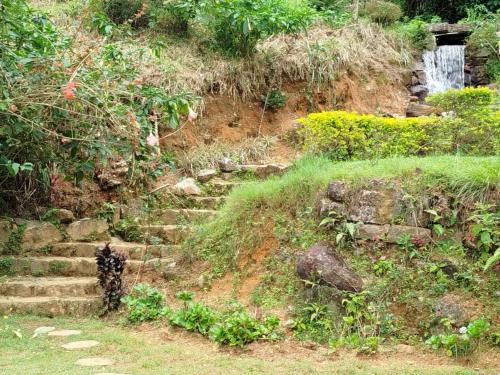 a set of stone stairs on a hill with a waterfall at 4154ft in ramboda in Ramboda