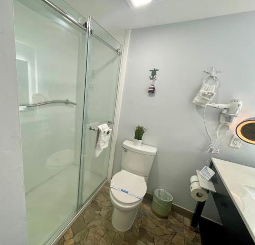 a bathroom with a toilet and a glass shower at Ocean Sands Beach Boutique Inn-1 Acre Private Beach-St Augustine Historic-2 Miles-Shuttle with Downtown Tour-HEATED Salt Water Pool until 420AM-Popcorn-Cookies-New 4k USD Black Beds- 69 Item Breakfast-Eggs-Bacon-Starbucks- Free Laundry- #904-799-SAND in Saint Augustine