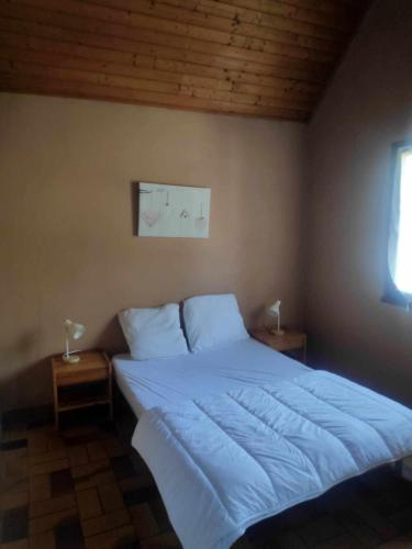 - une chambre dotée d'un grand lit avec des draps blancs et une fenêtre dans l'établissement Gite Castillonnes Bastide Périgord 2 Chambres, à Castillonnès