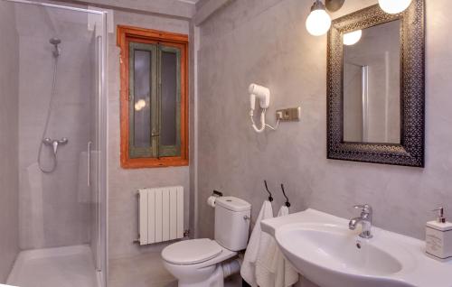 Un baño con inodoro, lavabo y ducha. en AbraCadabra Suites, en Madrid