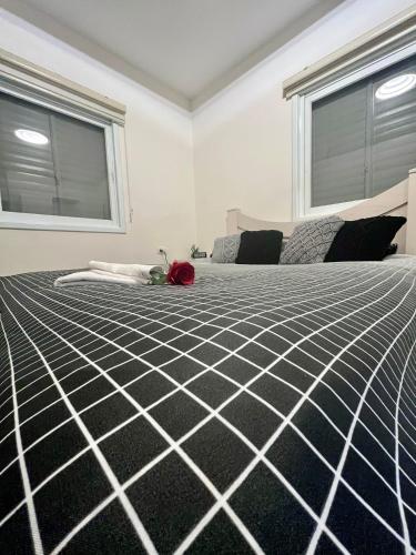 a bedroom with a black and white bed and two windows at Beachfront Studio, fully equipped in Netanya