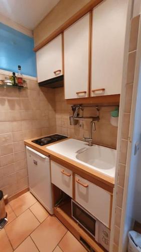 une petite cuisine avec un évier et une cuisinière dans l'établissement Joli deux pièces au 14ème arrondissement à Paris, à Paris