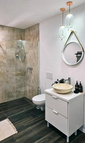 a bathroom with a shower and a toilet and a sink at Rosemarin Green in Koper