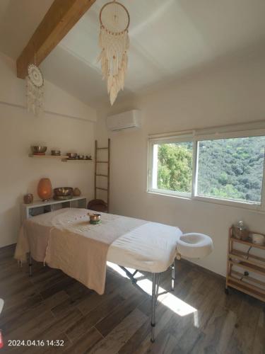 une chambre avec un lit et une fenêtre dans l'établissement les gîtes du Mas ANNA, à Céret