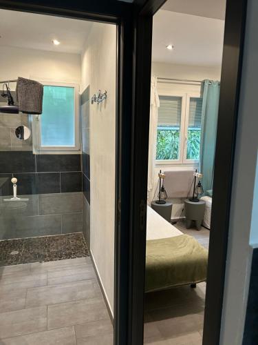 Un baño con ducha, cama y bañera. en Chez Muriel, en Porto Vecchio
