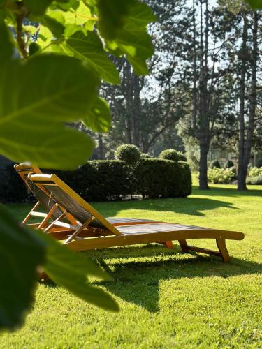 a lounge chair sitting in the grass in a park at Les Pins de César - La campagne d'Etretat in Saint-Jouin-Bruneval