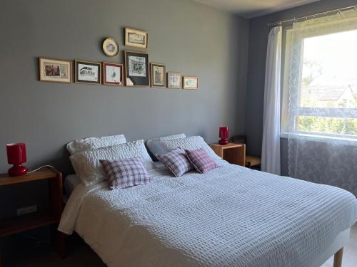 une chambre avec un lit avec des oreillers et une fenêtre dans l'établissement LA MAISON BERMA, à Westhoffen