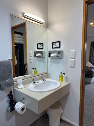 a bathroom with a sink and a mirror at ASURE Ambassador Motor Lodge in Oamaru