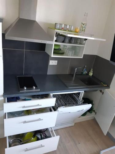 une cuisine avec un comptoir et un évier dans l'établissement studio la pierre saint martin refait au gout du jour vue sur la vallée, à La Pierre Saint Martin