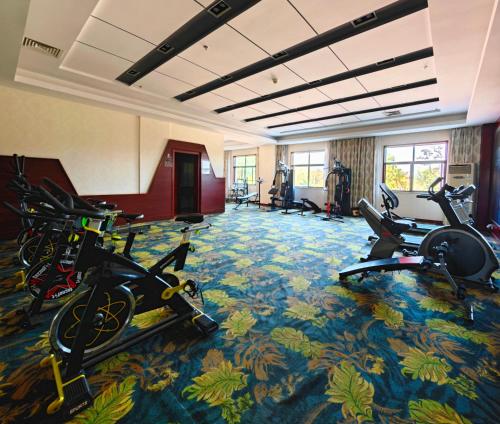 a fitness room with treadmills and exercise bikes at Golden Peacock Hotel Blantyre in Blantyre