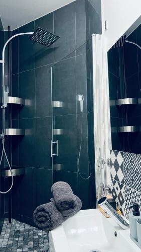 une salle de bain avec une douche avec un lavabo et une douche dans l'établissement Climatisé À 10 min de Paris et des Jeux Paralympiques 2024, à Aubervilliers