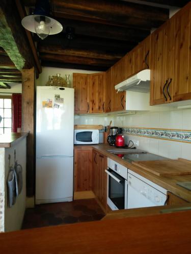 La cuisine est équipée d'un réfrigérateur blanc et de placards en bois. dans l'établissement Superb barn conversion in the golden triangle Pont l'Evêque-Honfleur-Deauville, à Saint-Julien-sur-Calonne