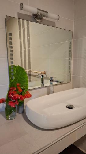 un lavabo de salle de bain avec un miroir et un vase de fleurs dans l'établissement Le Havre du Voyageur - Hibiscus, à Le Moule