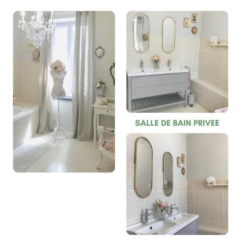 - deux photos d'une salle de bains avec lavabo et miroir dans l'établissement Chez Emmanuel et Cristiane chambre chez l'habitant, à Ouveillan