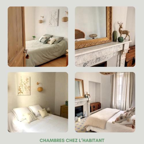 un collage de photos d'une chambre avec deux lits et un miroir dans l'établissement Chez Emmanuel et Cristiane chambre chez l'habitant, à Ouveillan