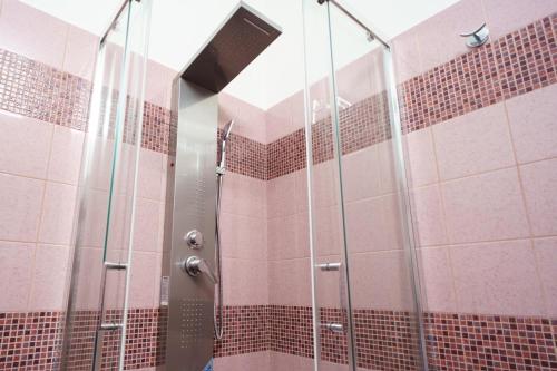 a shower in a bathroom with pink tiles at Maccuro Luxury Apartment in Vibo Valentia Marina