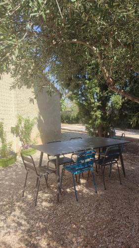 une table de pique-nique et deux chaises sous un arbre dans l'établissement Chez Isa et Ray, un gîte en Provence, à Châteaurenard