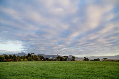 a field of green grass with mountains in the background at Modern Cabin in Malkerns in Malkerns