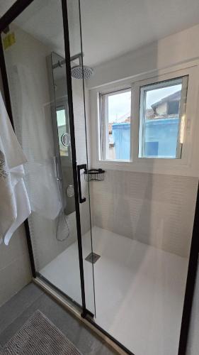 a shower with a glass door and a window at Calpurnia Abana in Ourense