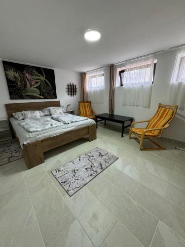 a bedroom with a bed and a table and chairs at Avar Apartman in Igricetanya