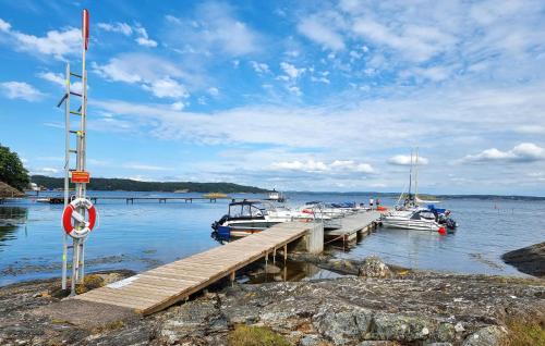 a dock with boats docked on a body of water at 4 Bedroom Lovely Home In Fagerfjäll in Djupvik