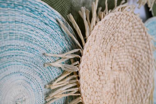 a close up of the back of a blue couch at Margaret of Naxos in Agios Prokopios