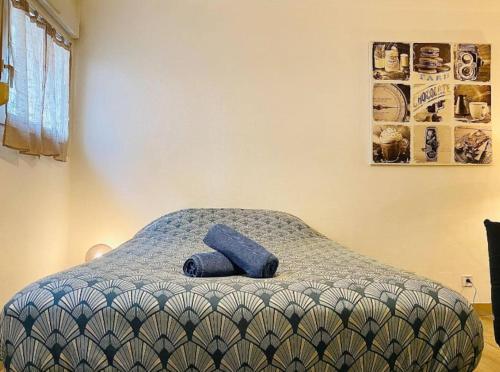 - un lit avec un oreiller bleu dans l'établissement Appartement Centre-Ville - 3 Voyageurs, au Mans
