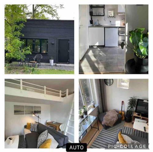a collage of three pictures of a living room at Nybyggt gästhus i vacker omgivning in Höllviken