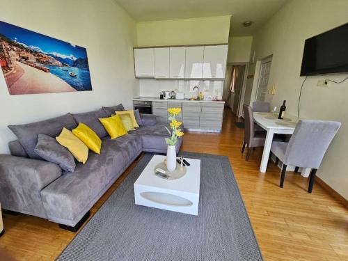 ein Wohnzimmer mit Sofa und Tisch in der Unterkunft Deniz Apartment Kotor bay view apartment with terrace and pool in Prčanj