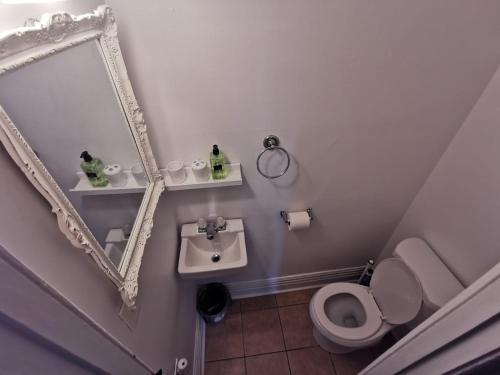 a bathroom with a mirror and a toilet and a sink at Prime location! 4 bedroom house located right next to the casino and the falls in Niagara Falls
