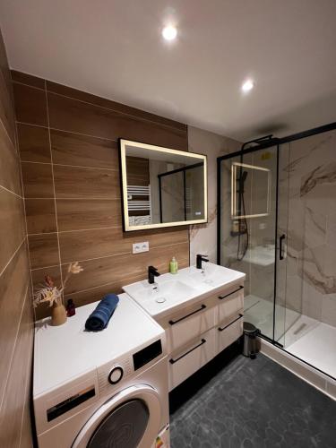 a bathroom with a washing machine and a washer at Très beau t3 neuf à franconville in Franconville