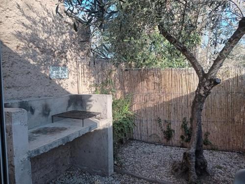 eine Betonbank neben einem Baum neben einem Zaun in der Unterkunft El Olivo in Chacras de Coria