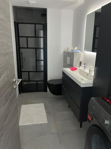 une salle de bain avec un lavabo, des toilettes et un miroir dans l'établissement Appartement Vue Mer PORTICCIO, à Porticcio
