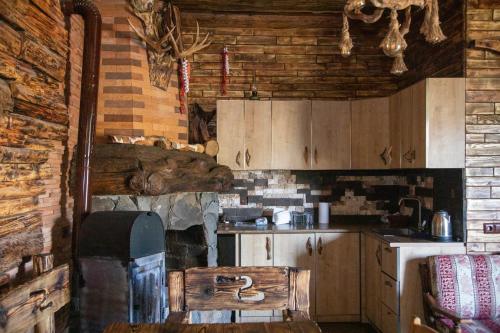 cocina con armarios de madera y fogones en Fish Hotel, en Akhalk'alak'i